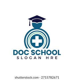 A professional logo for Doc School featuring a graduation cap and medical cross symbol, representing education and healthcare. The design is modern, clean, and simple, conveying a sense of expertise and trust.