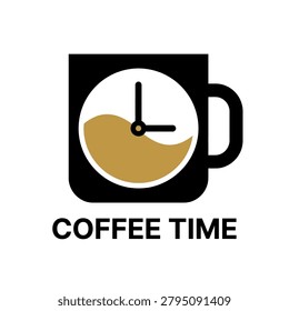 Professional logo featuring a black coffee mug silhouette with an internal clock face and Coffee Time text. Great for cafe branding and promotional materials.
