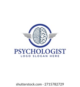 Um logotipo profissional com um cérebro com asas, simbolizando a saúde mental e a liberdade. O logotipo inclui um design arrojado e azul com um fundo branco, representando clareza e experiência em serviços de psicologia, terapia e aconselhamento.