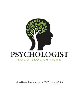 Um logotipo profissional com uma silhueta de cabeça humana com uma árvore em crescimento no interior, simbolizando o crescimento e o bem-estar mental, ideal para serviços de psicologia e saúde mental.