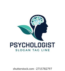 Um logotipo profissional com uma cabeça estilizada com um cérebro feito de folhas, simbolizando o crescimento e o bem-estar mental, ideal para psicólogos, terapeutas e serviços de saúde mental, transmitindo uma sensação de calma e serenidade.