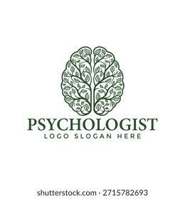 A professional logo for a psychologist featuring a brain with leaf elements, symbolizing growth and mental well-being. The design is simple, yet effective, making it suitable for a therapist or counselor's brand.