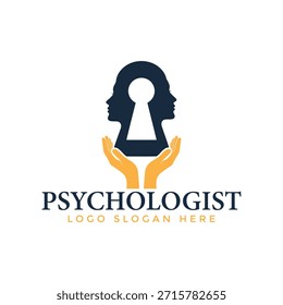 Um logotipo profissional para um psicólogo com um buraco de fechadura estilizado dentro de duas silhuetas de cabeça viradas, apoiado por mãos, transmitindo saúde mental e insight.