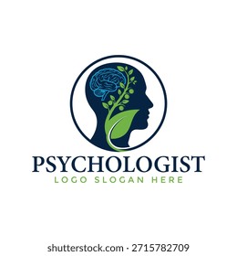 Um logotipo profissional para um psicólogo com uma cabeça estilizada com um cérebro e uma folha, simbolizando o crescimento e o bem-estar mental. O design combina as cores azul e verde em um fundo branco.
