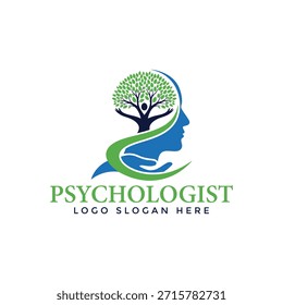 Um logotipo profissional para um psicólogo apresentando uma árvore estilizada crescendo a partir da cabeça de uma pessoa, simbolizando o crescimento e o bem-estar mental. O design combina cores azul e verde, transmitindo confiança e harmonia.