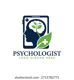 Um logotipo profissional para um psicólogo com uma cabeça estilizada com um cérebro e planta crescendo, simbolizando a saúde mental e crescimento.