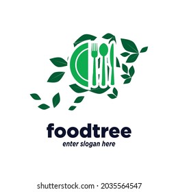 professional logo template. the concept of tree logos, leaves and cutlery. Giving a natural, fresh and healthy impression. for restaurant logo, cafe, etc. vector eps 10.