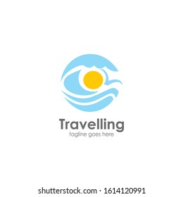 professional logo template.  logos for travel, sea shapes, sun, birds and beach atmosphere isolated circle shape.  eps vector 10