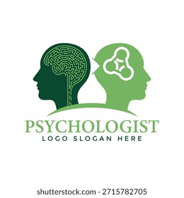 Um modelo de logotipo profissional para um psicólogo com duas silhuetas de cabeça verde com um labirinto e um design cerebral, simbolizando a saúde mental e conceitos psicológicos.