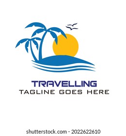 professionelle Logo-Vorlage. Logo für Reisen, Form des Meeres, Sonne, Vögel und schöne Strandatmosphäre. EPS Vektor 10