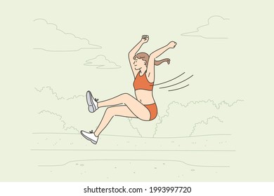 Professional long jump athlete concept. Positive young woman long jump sportsman taking part in competitions jumping forward trying to win vector illustration 