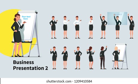 Professional looking business teacher woman giving presentation or lecture on a modern flipchart poses set. Businesswoman writing on flipchart and transparent glass board. Flat vector illustration