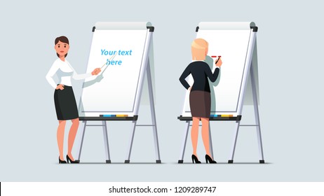 Professional looking business woman giving presentation or lecture on a modern flipchart. Businesswoman writing on flipchart and pointing a pointer stick. Flat style isolated vector illustration