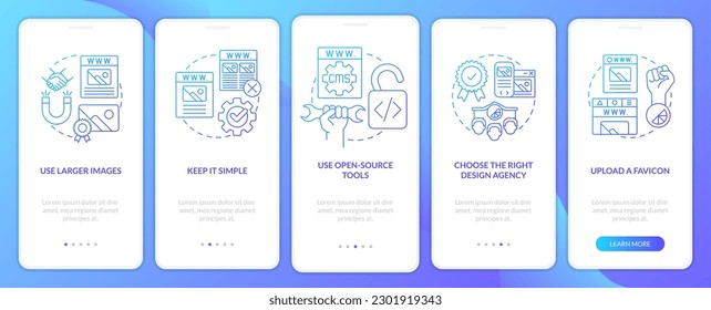 Professional looking website design blue gradient onboarding mobile app screen. Walkthrough 5 steps graphic instructions with linear concepts. UI, UX, GUI template. Myriad Pro-Bold, Regular fonts used