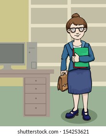 Professional looking young woman in an office, vector illustration