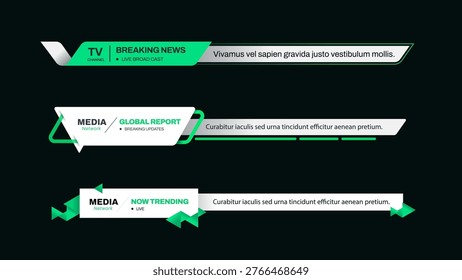 Professional lower third banners featuring a clean, futuristic design with geometric shapes and smooth gradients. Ideal for news reports, online streaming, corporate presentations, and digital media production. Easy to customize vector elements for high-quality video overlays.