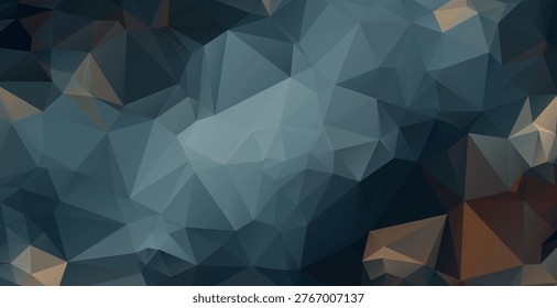 Professional low-poly abstract background designed with dense network of sharp, angular triangles. The composition uses a dark, desaturated color palette, primarily featuring slate blues and charcoal greys, contrasted by warm earth tones like bronze and copper in the corners.