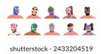 Professional lucha libre wrestlers set. Wrestling fighter in traditional mexican masks for fight show. Men and women crazy luchador avatars. Flat isolated vector illustration no white background