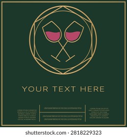 Professional luxury wine logo template featuring crossed wine glasses inside a geometric gold circle, perfect for restaurant, bar, or winery branding.