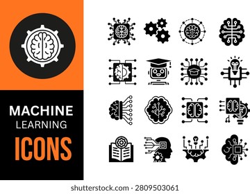 Professional machine learning icon collection featuring algorithms, neural processing, automation, AI technology and data science symbols for websites and digital projects.