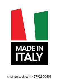Professional Made in Italy badge featuring a modern Italian flag design and bold white typography on a black background. Ideal for product packaging, country of origin labeling, Italian manufacturing, export goods, premium quality branding, retail products, e-commerce listings, promotional materials, and authentic Italian-made merchandise.