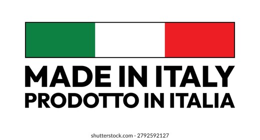 Professional Made in Italy label featuring the Italian flag and bilingual text “Made in Italy” and “Prodotto in Italia”. Ideal for country of origin labeling, product packaging, export goods, Italian manufacturing, retail branding, quality assurance programs, promotional materials, and authentic Italian-made products.