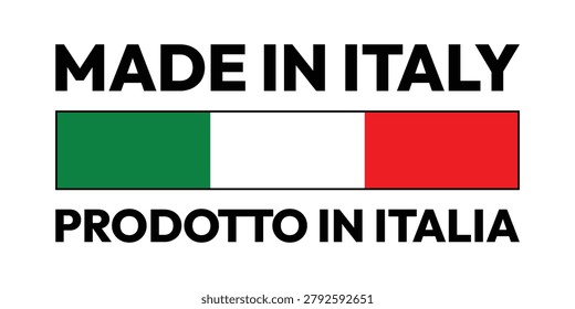 Professional Made in Italy label featuring the Italian national flag and bilingual text “Made in Italy” and “Prodotto in Italia”. Ideal for product packaging, country of origin labeling, export products, Italian manufacturing, retail branding, quality assurance, promotional materials, and authentic Italian-made merchandise.