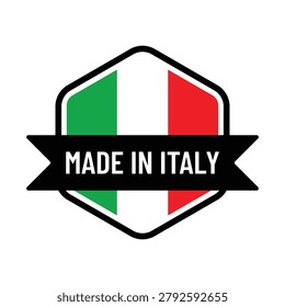 Professional Made in Italy label featuring green and red typography with the Italian national flag. Includes bilingual text “Made in Italy” and “Prodotto in Italia” for product origin identification. Ideal for packaging, export products, Italian manufacturing, retail branding, quality assurance, promotional materials, and authentic Italian-made goods.