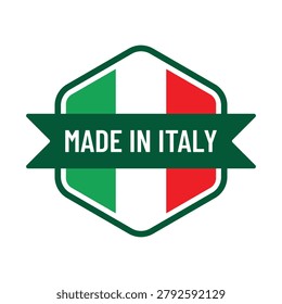 Professional Made in Italy shield badge featuring the Italian national flag and a green ribbon banner with bold typography. Ideal for country of origin labeling, product packaging, export goods, Italian manufacturing, premium retail branding, quality assurance programs, promotional materials, and authentic Italian-made products.