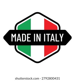 Professional Made in Italy shield badge featuring the Italian national flag and bold white typography on a black ribbon banner. Ideal for country of origin labeling, product packaging, export products, Italian manufacturing, retail branding, quality assurance programs, promotional materials, premium goods, and authentic Italian-made merchandise.