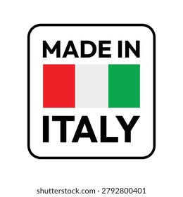 Professional Made in Italy square label featuring the Italian tricolor flag, bold typography, and a clean rounded border design. Ideal for country of origin marking, product packaging, Italian manufacturing, export goods, retail branding, premium merchandise, quality assurance labels, and authentic Italian-made products.