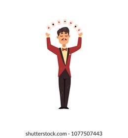 Professional magician showing focus with playing cards. Illusionist with mustache in elegant costume. Flat vector design