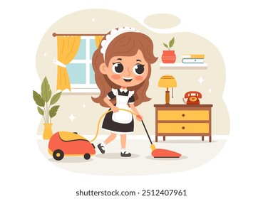 Professional Maid Vector Illustration of a Girl Cleaning Service Worker Wearing a Uniform and Apron While Cleaning a House in a Cartoon Background