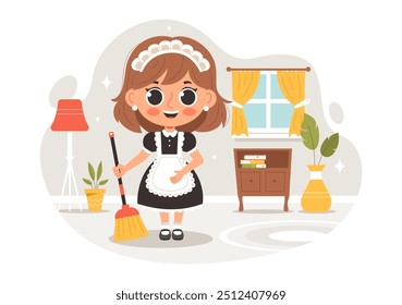 Professional Maid Vector Illustration of a Girl Cleaning Service Worker Wearing a Uniform and Apron While Cleaning a House in a Cartoon Background