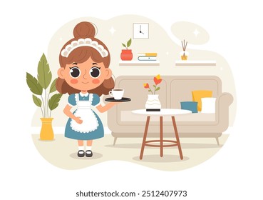Professional Maid Vector Illustration of a Girl Cleaning Service Worker Wearing a Uniform and Apron While Cleaning a House in a Cartoon Background