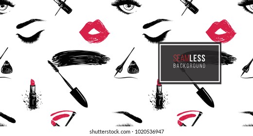 Professional makeup artist background. Vector seamless pattern with mascara wand, lipstick smear and brush, makeup pencils, eyeliner stroke, woman eyes, red lips mouth. Fashion illustration.