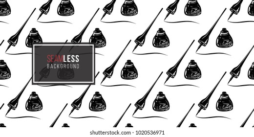 Professional makeup artist background. Vector seamless pattern with eyeliner stroke. Black fashion illustration on white backdrop. Hand drawn art in watercolor style.