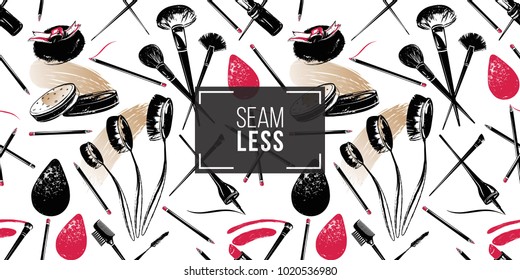 Professional makeup artist background. Vector seamless pattern with makeup tools: brushes, eyeliner, powder puff, mascara wand, beautyblender. Hand drawn fashion illustration in watercolor style.
