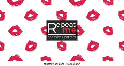 Professional makeup artist background. Vector seamless pattern with red lips mouth. Black fashion illustration on white backdrop. Hand drawn art in watercolor style.