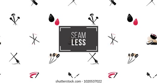 Professional makeup artist background. Vector seamless pattern with makeup tools: brushes, eyeliner, powder puff, mascara wand, beautyblender. Hand drawn fashion illustration in watercolor style.