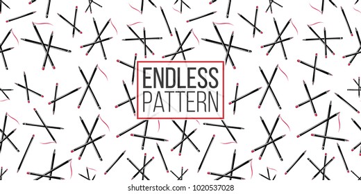 Professional makeup artist background. Vector seamless pattern with makeup pencils. Black fashion illustration on white backdrop. Hand drawn art in watercolor style.