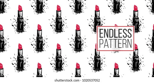 Professional makeup artist background. Vector seamless pattern with red lipstick. Black fashion illustration on white backdrop. Hand drawn art in watercolor style.