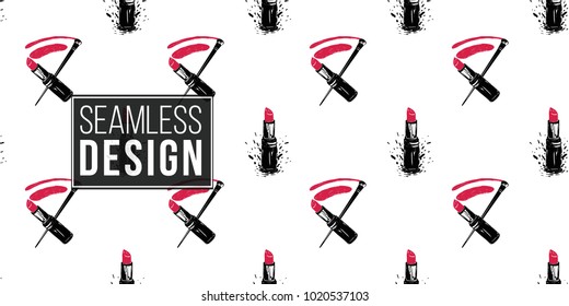 Professional makeup artist background. Vector seamless pattern with lipstick smear and brush and red lipstick. Black fashion illustration on white backdrop. Hand drawn art in watercolor style.