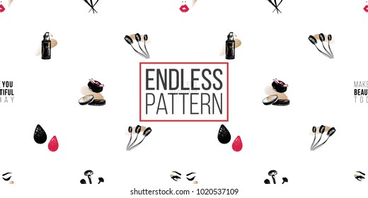 Professional makeup artist background. Vector seamless pattern with makeup brushes, powder puff, natural concealer, beautyblender, woman face. Fashion illustration. Hand drawn art in watercolor style.