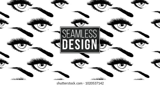 Professional makeup artist background. Vector seamless pattern with woman open eye. Black fashion illustration on white backdrop. Hand drawn art in watercolor style.