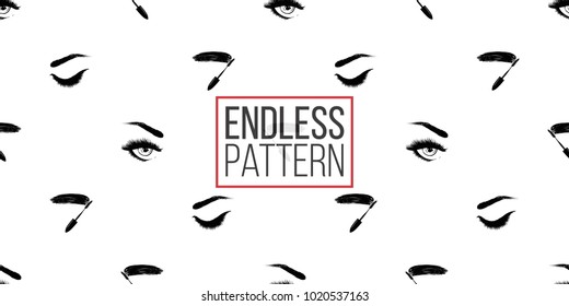 Professional makeup artist background. Vector seamless pattern with mascara wand, woman open and close eye. Black fashion illustration on white backdrop. Hand drawn art in watercolor style.