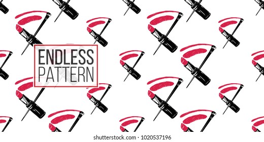 Professional makeup artist background. Vector seamless pattern with lipstick smear and brush. Black fashion illustration on white backdrop. Hand drawn art in watercolor style.