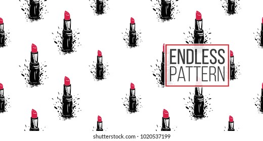 Professional makeup artist background. Vector seamless pattern with red lipstick. Black fashion illustration on white backdrop. Hand drawn art in watercolor style.