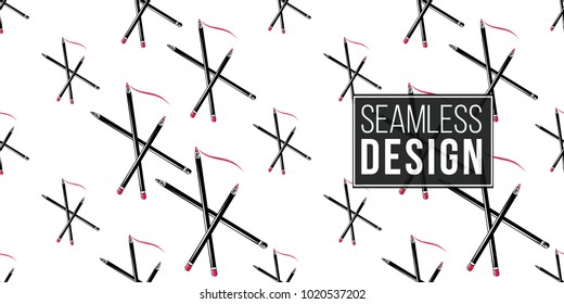 Professional makeup artist background. Vector seamless pattern with makeup pencils. Black fashion illustration on white backdrop. Hand drawn art in watercolor style.