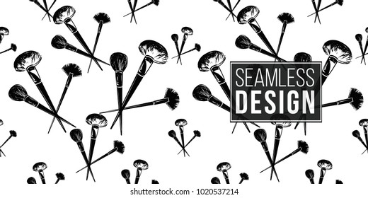 Professional makeup artist background. Vector seamless pattern with powder brushes. Black fashion illustration on white backdrop. Hand drawn art in watercolor style.